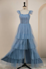 Blue Floor-Length Sleeveless A-Line Tulle Prom Dresses
