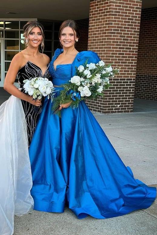 Royal Blue V-Neck Short Sleeves A-Line Satin Prom Dresses