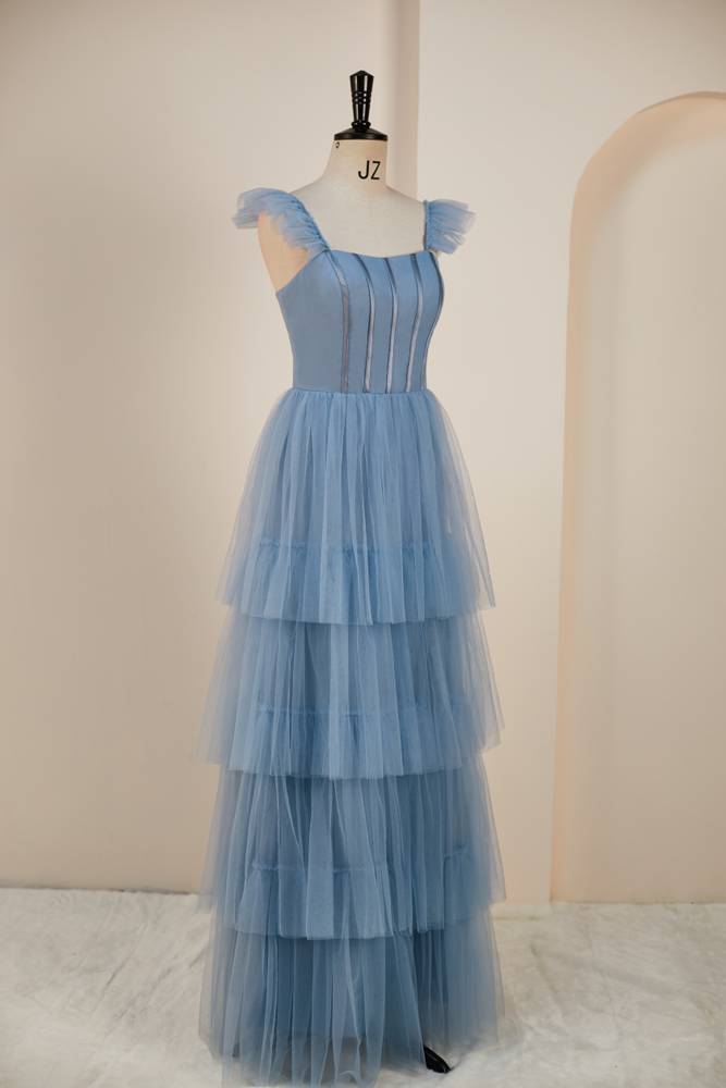 Blue Floor-Length Sleeveless A-Line Tulle Prom Dresses