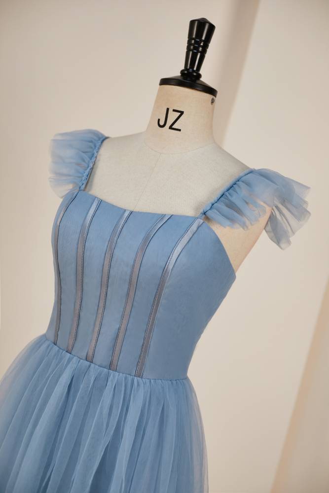 Blue Floor-Length Sleeveless A-Line Tulle Prom Dresses