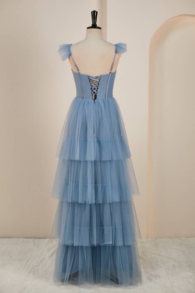Blue Floor-Length Sleeveless A-Line Tulle Prom Dresses