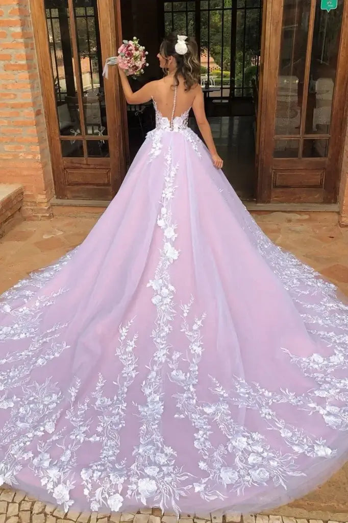 A-Line Tulle Sleeveless Party Prom Dresses with Appliques