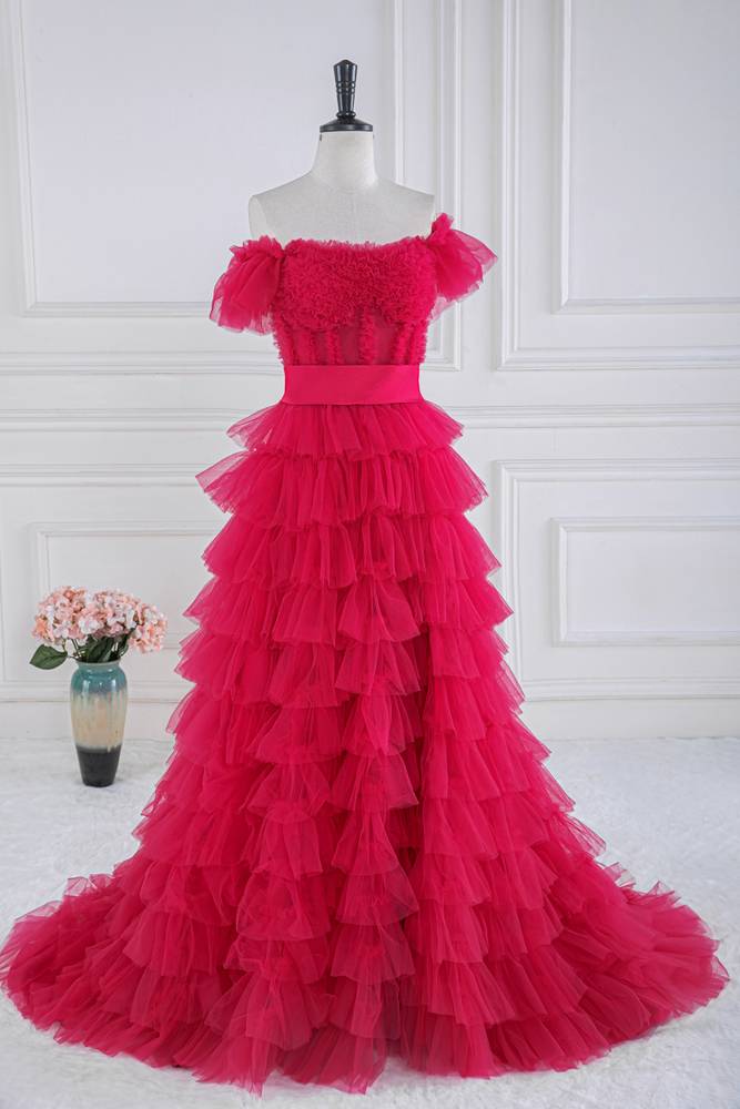Glamorous Off-The-Shoulder Tiered Tulle A-Line Prom Dresses