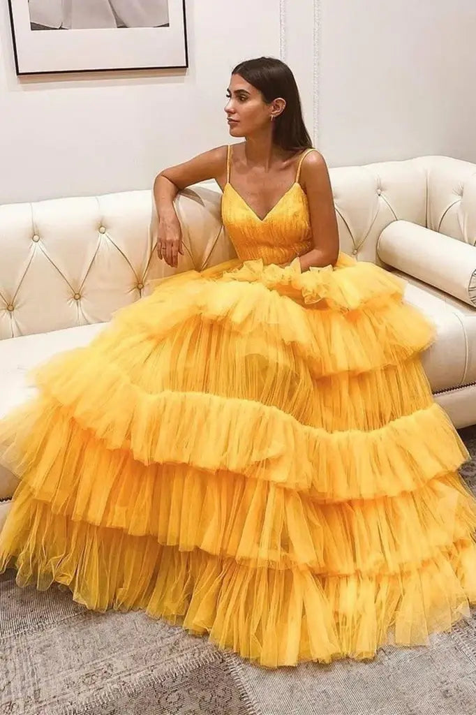 Tiered Yellow Spaghetti Straps A-Line Tulle Prom Dresses with Open Back