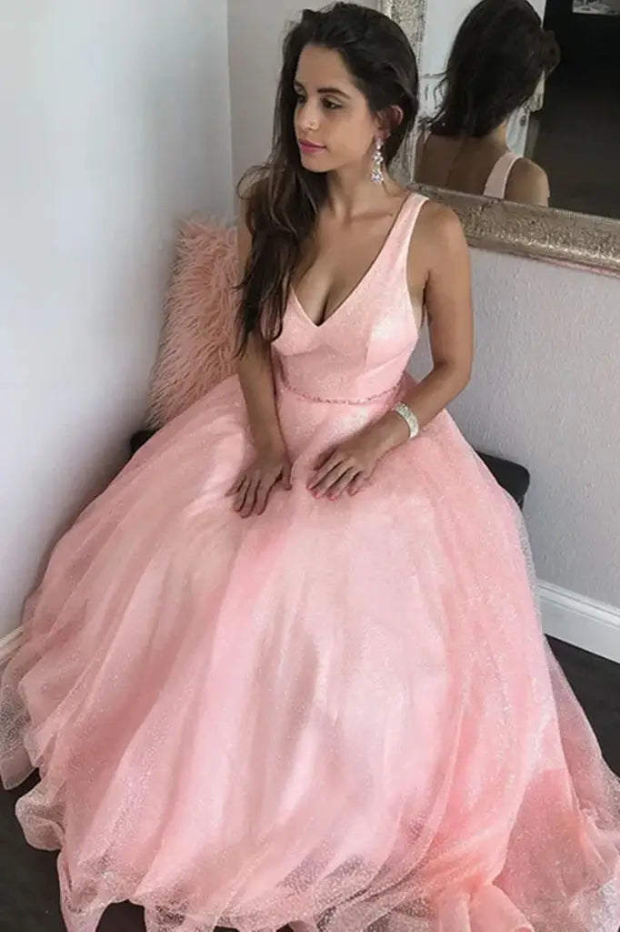 Pink Deep V-Neck Sleeveless Tulle Prom Dresses