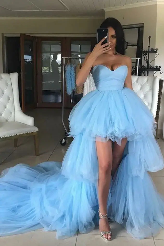Light Blue Strapless Hi-Lo A-Line Tulle Prom Dresses with Ruffles