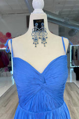 Blue V-Neck A-Line Pleated Tulle Formal Prom Dresses with Slit