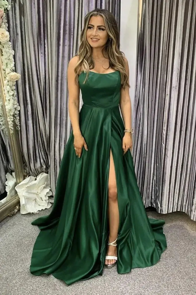 Dark Green A-Line Satin Evening Prom Dresses with Slit