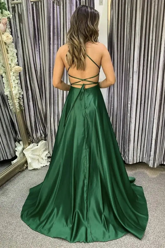 Dark Green A-Line Satin Evening Prom Dresses with Slit