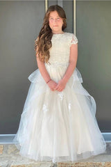 Capped Floor-Length A-Line Flower Girl Dresses with Appliques