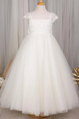 Jewel Neck Cap Sleeves A-Line Flower Girl Dresses with Bow