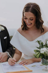 White V-Neck Off-The-Shoulder Satin Wedding Dresses