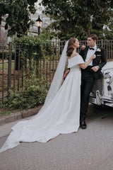 White V-Neck Off-The-Shoulder Satin Wedding Dresses