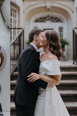 White V-Neck Off-The-Shoulder Satin Wedding Dresses