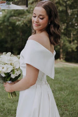 White V-Neck Off-The-Shoulder Satin Wedding Dresses