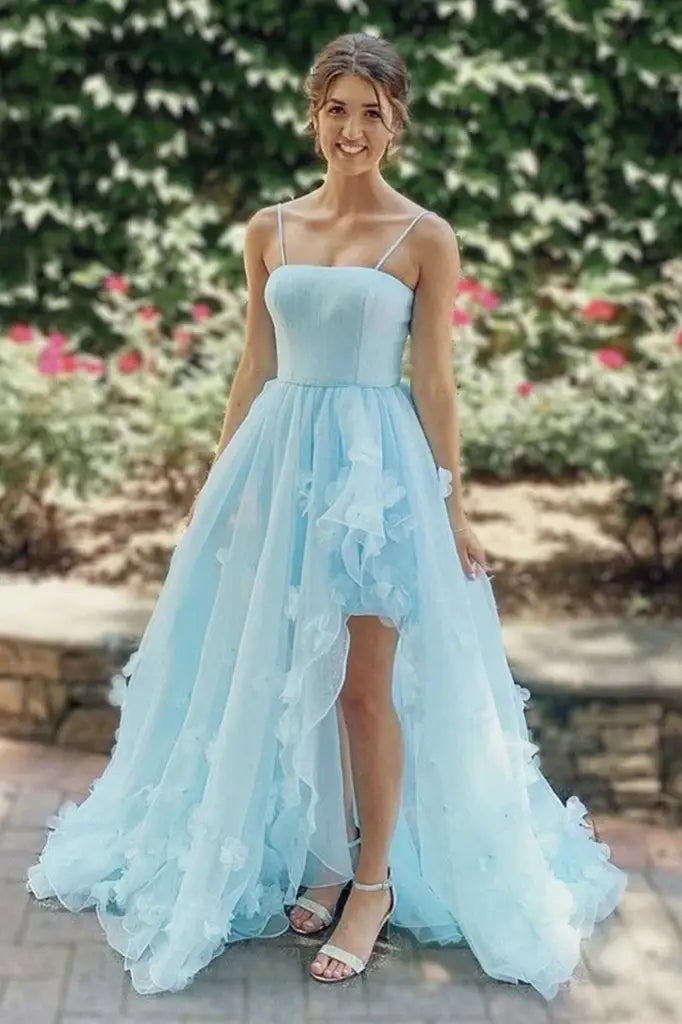 Sky Blue A-Line Tulle Sleeveless Party Dresses with Slit 
