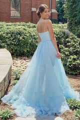 Sky Blue A-Line Tulle Sleeveless Party Dresses with Slit 