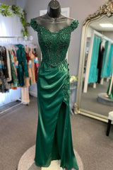 Dark Green Off-The-Shoulder V-Neck Mermaid satin Prom Dresses with Slit