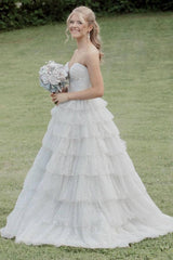 Tiered Strapless Sweetheart A-Line Tulle Evening Prom Dresses