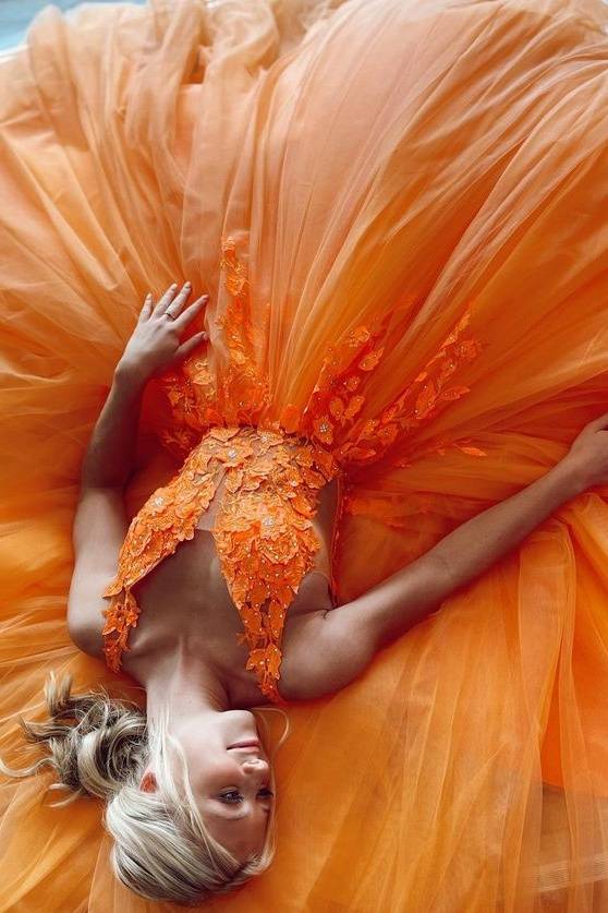 Orange V-Neck Long A-Line Tulle Party Prom Dresses with Open Back