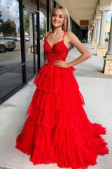 Red Tiered Tulle A-Line Long Sleeveless Prom Dresses