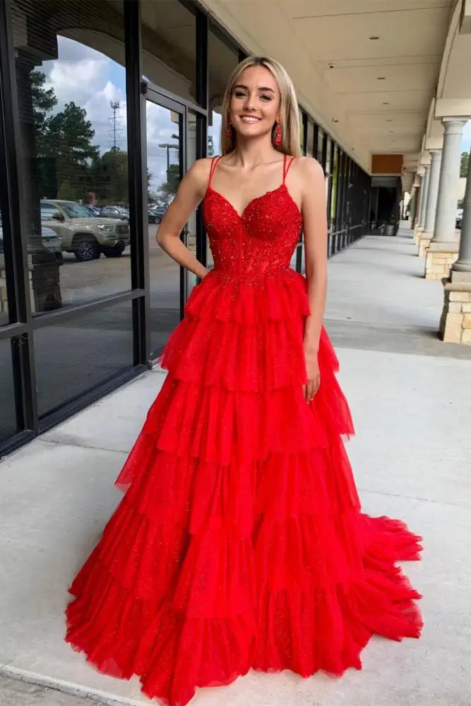 Red Tiered Tulle A-Line Long Sleeveless Prom Dresses