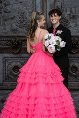 Fuchsia Tiered Sleeveless A-Line Tulle Prom Dresses