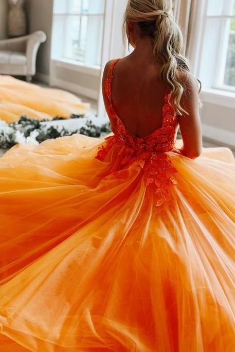 Orange V-Neck Long A-Line Tulle Party Prom Dresses with Open Back