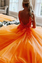Orange V-Neck Long A-Line Tulle Party Prom Dresses with Open Back
