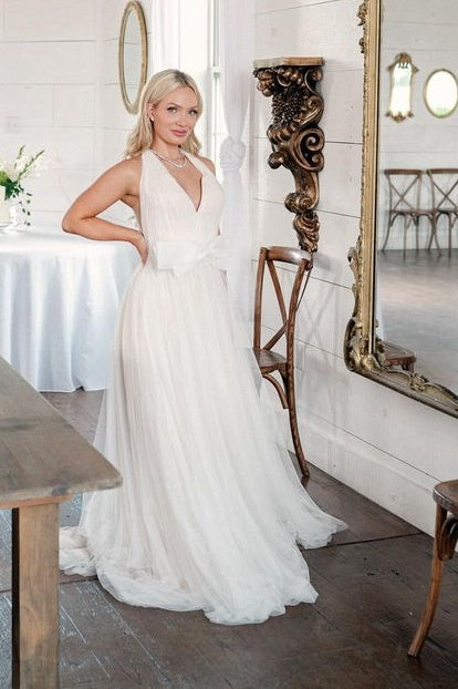 V-Neck Long A-Line Tulle Wedding Dresses with Bow