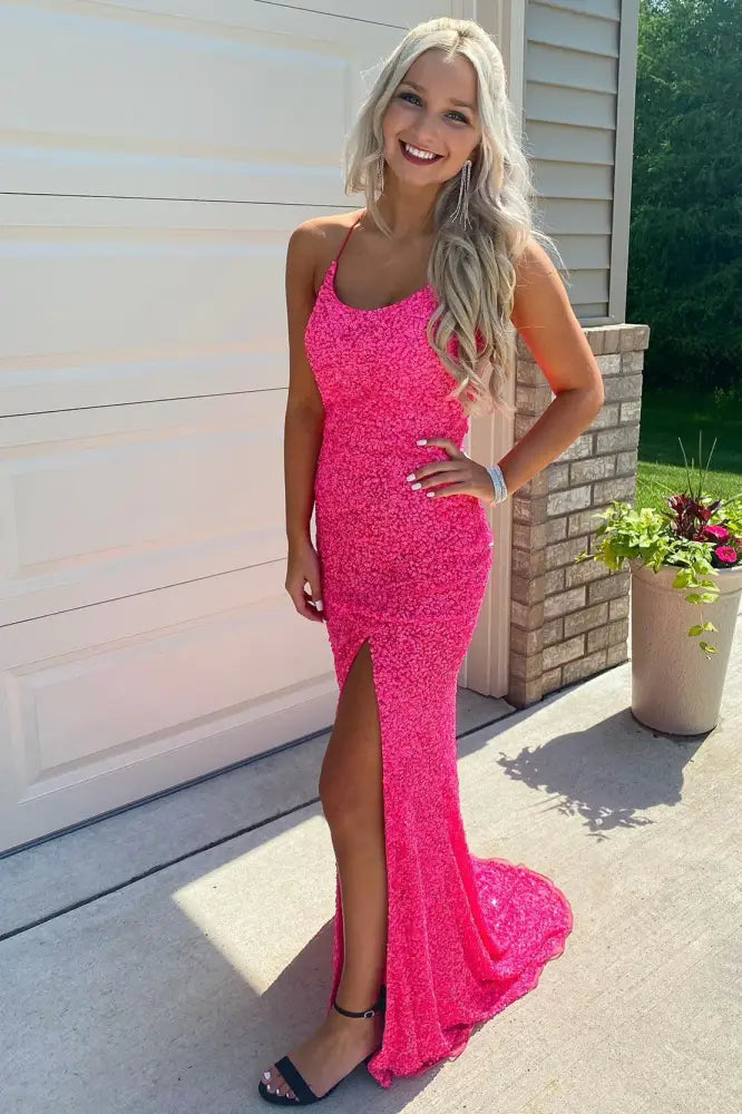 Fuchsia Spaghetti Straps Mermaid Sequin Formal Party Dresses with Slit