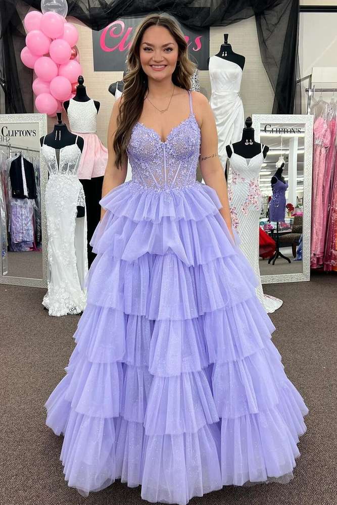 Lavender Tiered Tulle A-Line Long Sleeveless Prom Dresses
