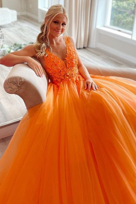 Orange V-Neck Long A-Line Tulle Party Prom Dresses with Open Back