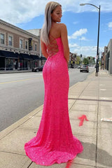 Fuchsia Spaghetti Straps Mermaid Sequin Formal Party Dresses with Slit