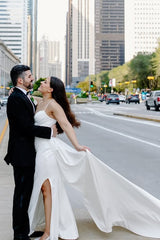 Glamorous Mermaid Satin Split Front Wedding Dresses with Train