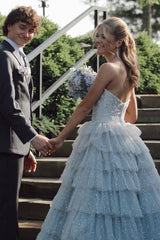 Tiered Strapless Sweetheart A-Line Tulle Evening Prom Dresses