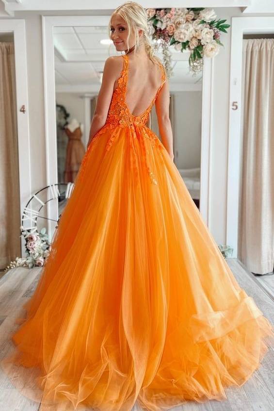 Orange V-Neck Long A-Line Tulle Party Prom Dresses with Open Back