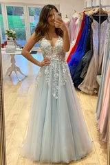 Sky Blue Floor-Length V-Neck A-Line Tulle Party Dresses with Appliques