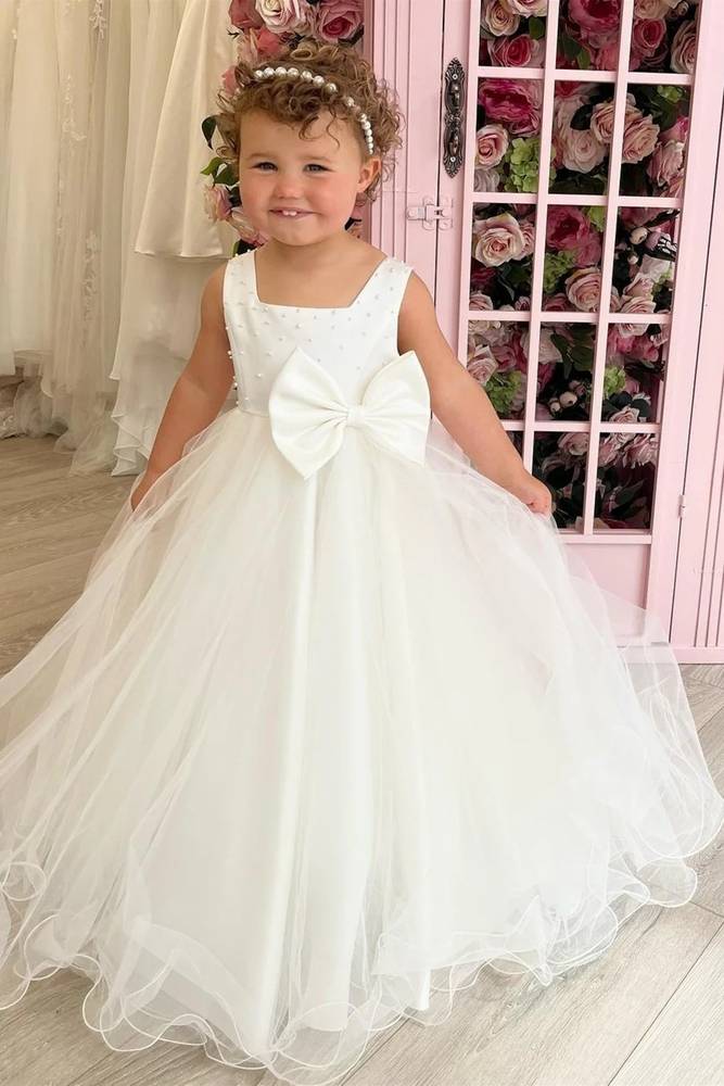 Floor-Length Ball Gown Tulle Flower Girl Dresses with Beads