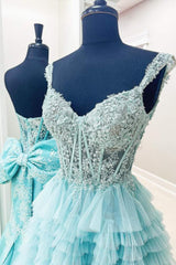 Blue V-Neck Sleeveless Tiered A-Line Tulle Prom Dresses with Appliques
