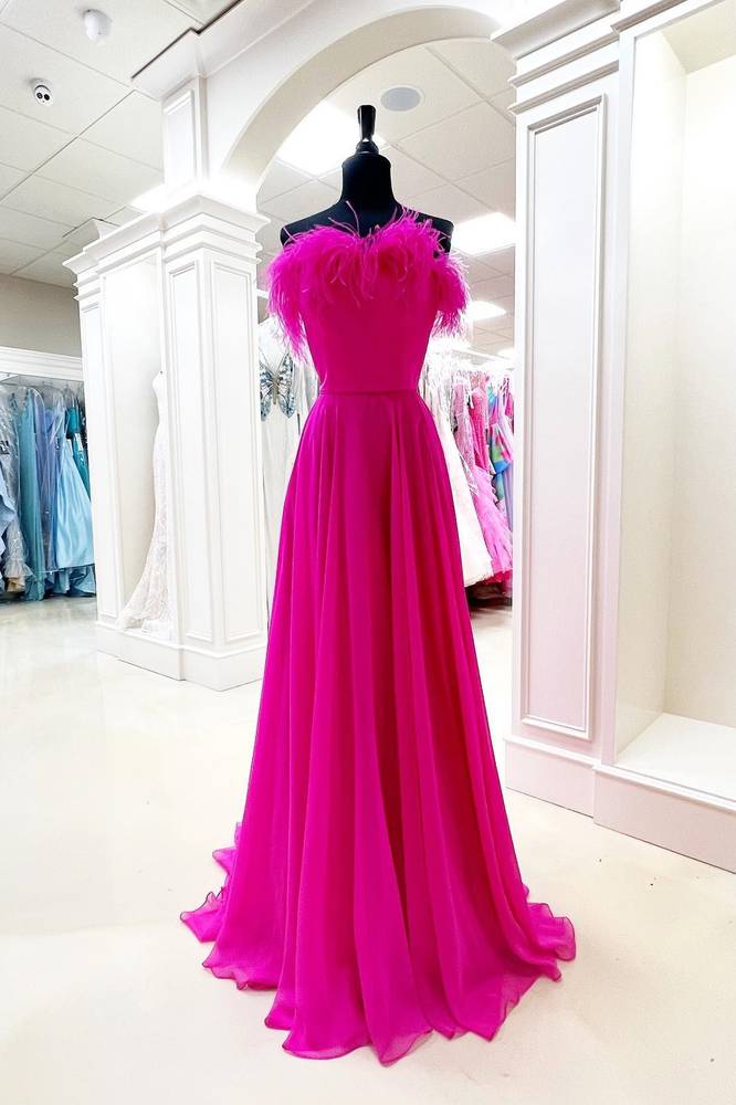Fuchsia Strapless A-Line Chiffon Prom Dresses with Fur