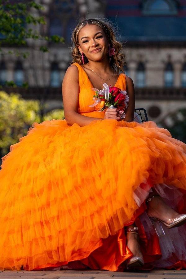 Orange Tiered V-Neck A-Line Tulle Party Dresses