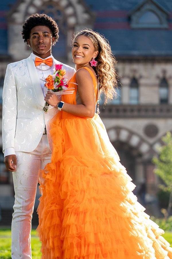 Orange Tiered V-Neck A-Line Tulle Party Dresses