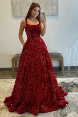 Red Sleeveless Ball Gown Sequin Long Prom Formal Dresses