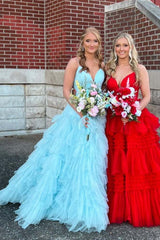 Sky Blue Spaghetti Straps A-Line Tulle Evening Prom Dresses with Ruffles