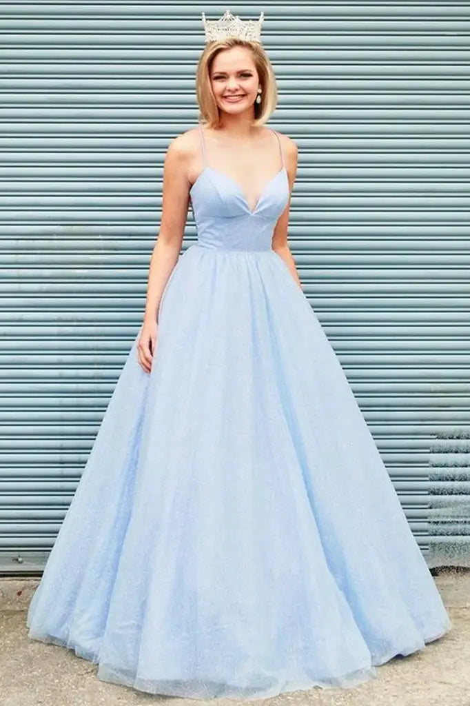 Sky Blue Floor-Length Ball Gown Tulle Party Formal Dresses