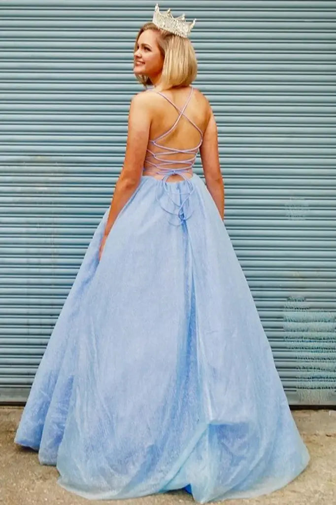 Sky Blue Floor-Length Ball Gown Tulle Party Formal Dresses