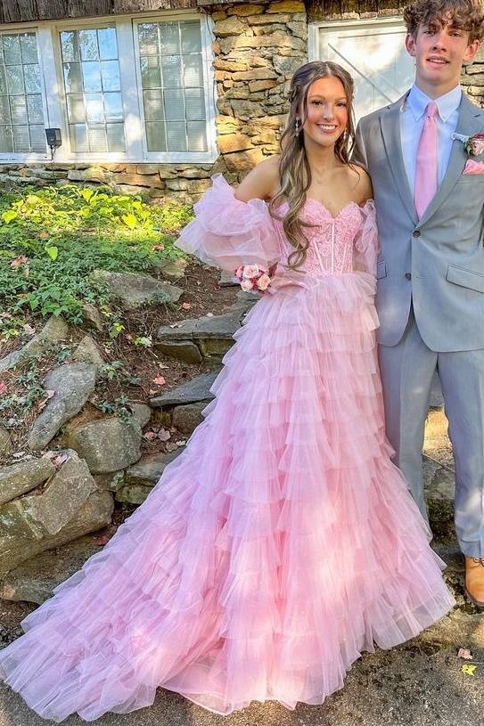Pink Tiered Strapless A-Line Tulle Long Party Evening Dresses