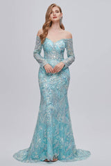 Chic Off-The-Shoulder Long Sleeves Mermaid Prom Dresses