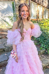 Pink Tiered Strapless A-Line Tulle Long Party Evening Dresses